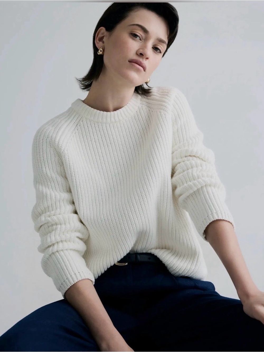 Quince 100% Organic Cotton Fisherman Crewneck Sweater Ivory Cozycore Chunky L
